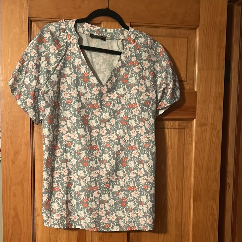 Chic Floral V-Neck Blouse in Blue and Pink